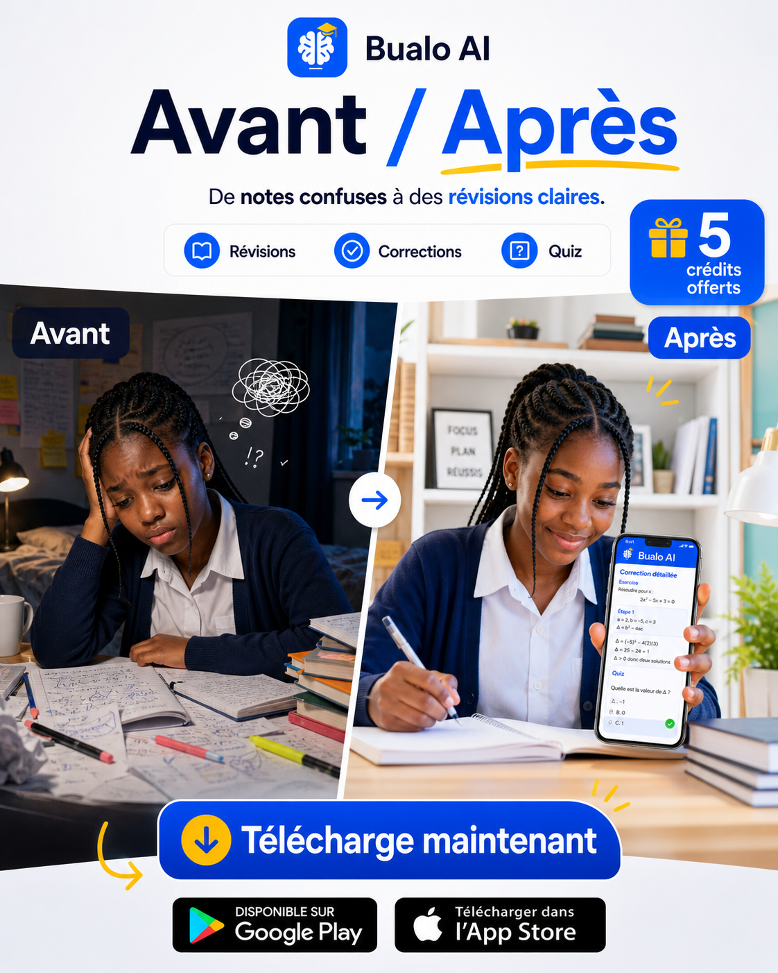 Une élève avant et après avoir utilisé Bualo AI